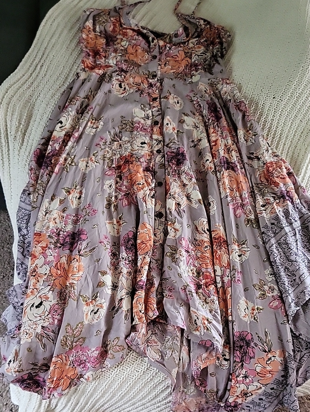 Angie Lavender Floral Button-Front Maxi Dress with Peach Blooms